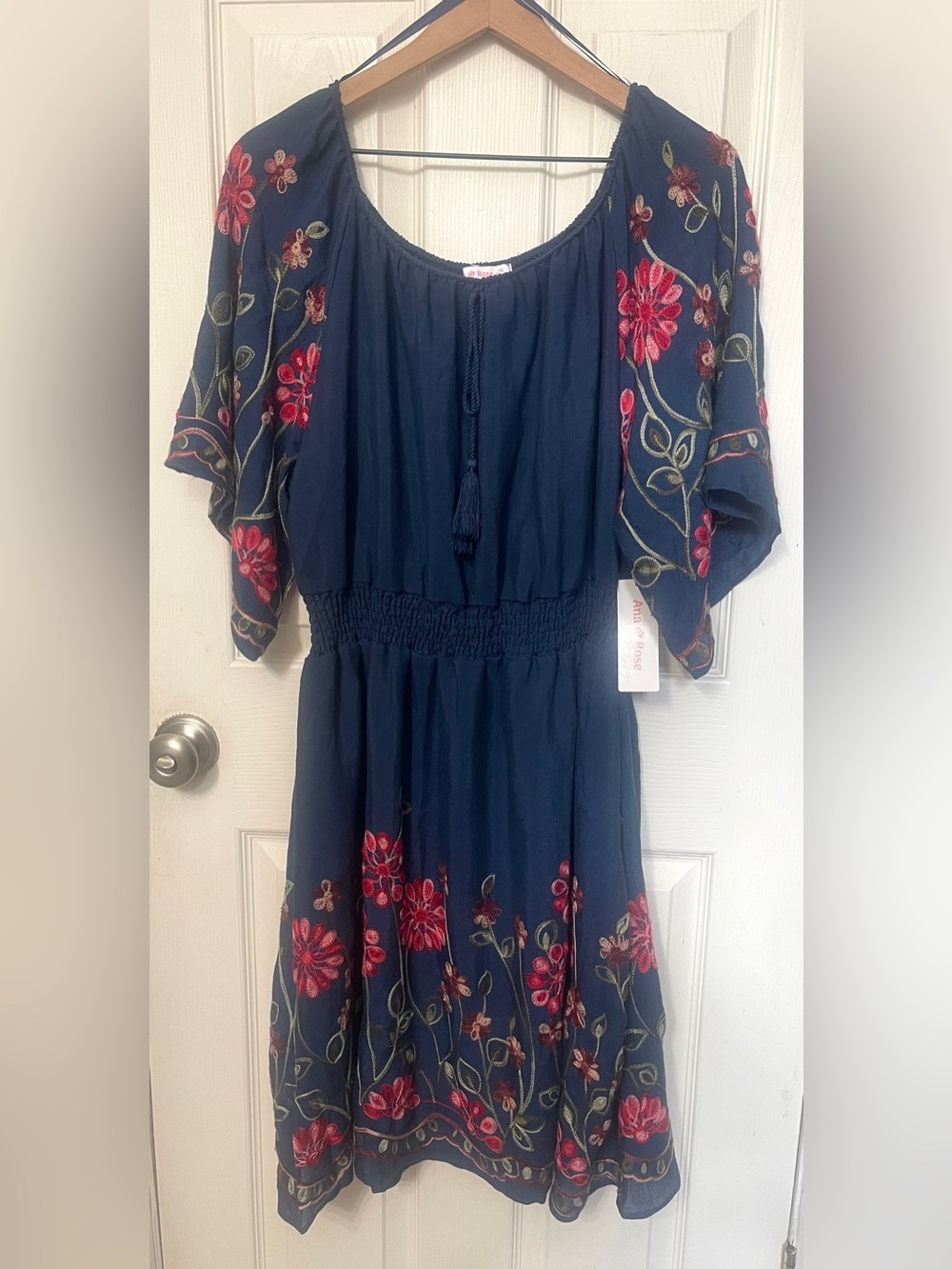 Ana & Rose Dark Blue Floral Smocked Waist Embroidered Dress Sz 1X NWT